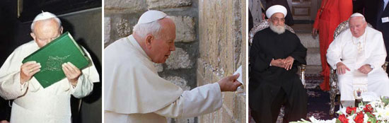Jean-Paul embrassant le Coran en 1999, au mur des lamentations en 2000, dans une mosquée en 2001.