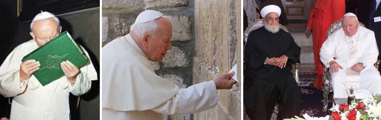 Jean-Paul embrassant le Coran en 1999, au mur des lamentations en 2000, dans une mosquée en 2001.