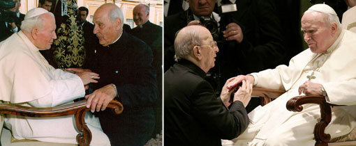À gauche : Jean-Paul II avec Marcinkus. À droite : avec Marcial Maciel, le fondateur des Légionnaires du Christ.