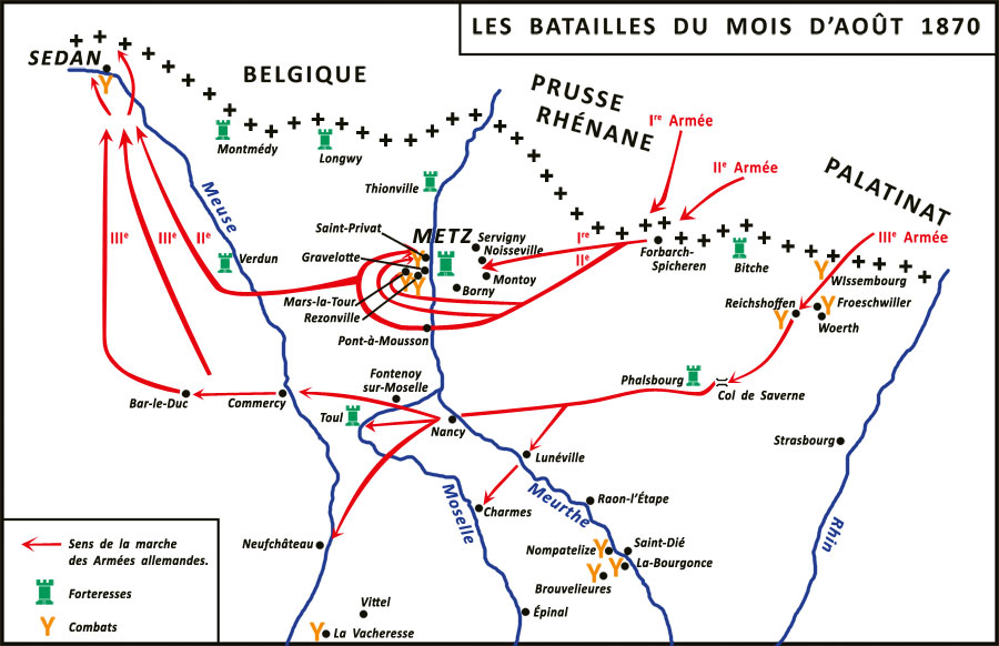 Carte des batailles du mois d'août 1870. Carte des batailles du mois d'août 1870.
