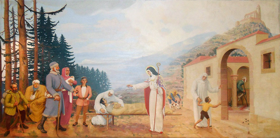 Sainte Odile accueillant les malades à l’abbaye de Niedermunster. Peinture à l’huile sur toile de Paul Ledoux (1937), offert à la clinique Sainte-Odile de Strasbourg, où avait été soignée son épouse.
